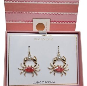 💕🔹️True to Form🔹️ Crab Earrings w Pearls and Pink Red Cubic Zirconia Stone